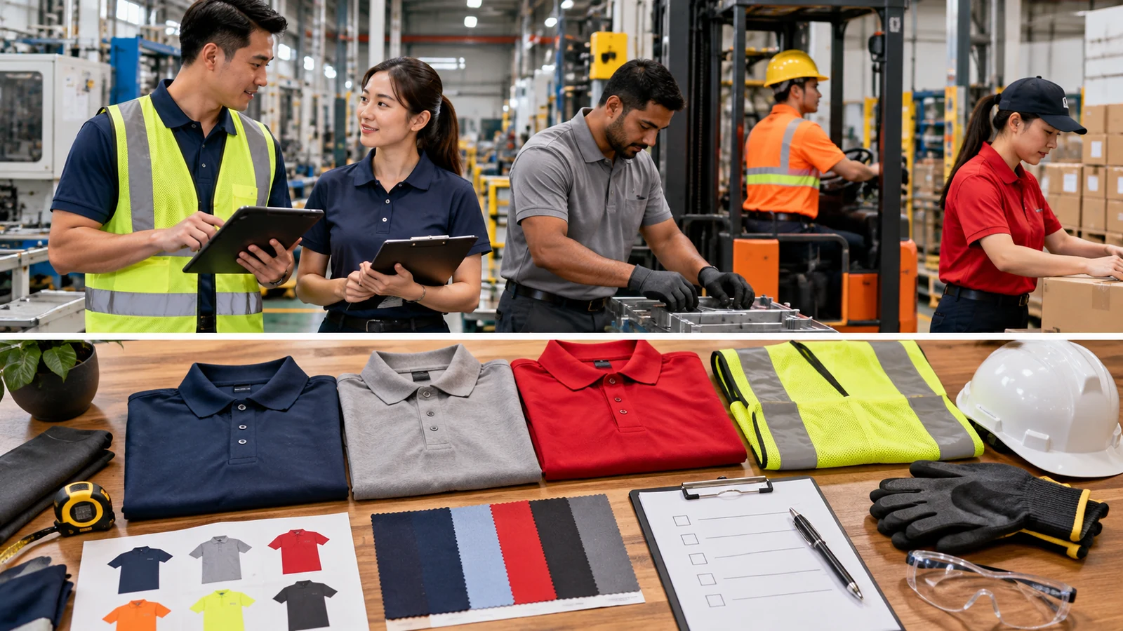 Uniform planning table with workwear samples and colour swatches