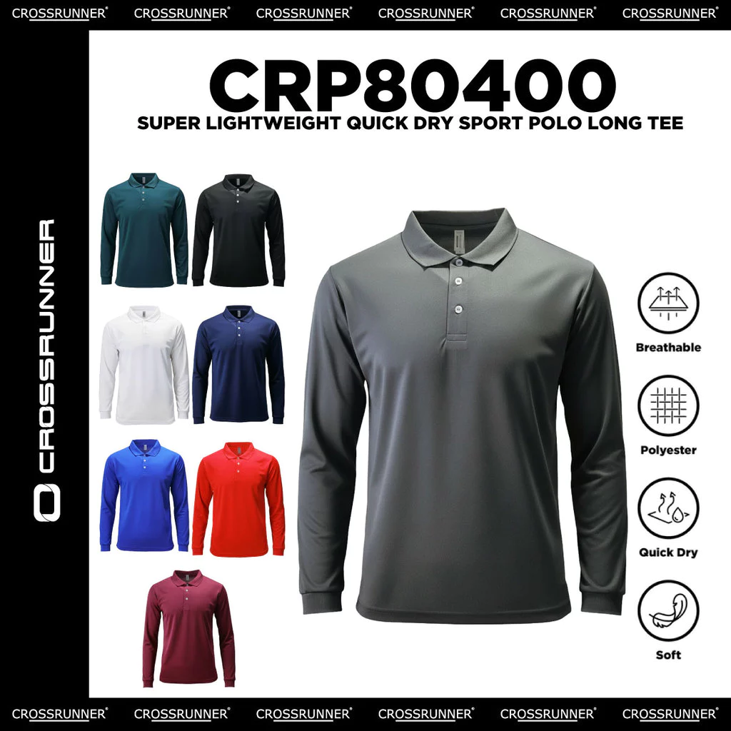 CROSSRUNNER Long Sleeve Polo Shirt Unisex Quick Dry Microfiber 150GSM Men Women Baju Polo Lengan Panjang CRP80400