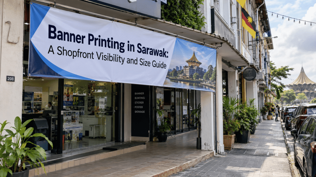 Shopfront banner in context for Sarawak