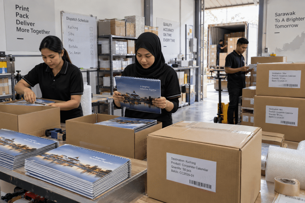 Bulk custom calendars packed and labelled for business delivery to Sarawak