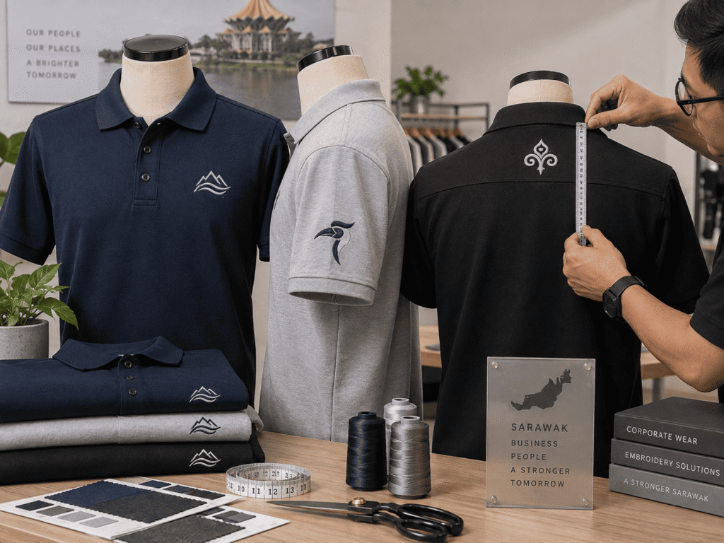 Comparison of balanced embroidery logo sizes and placements on company shirts