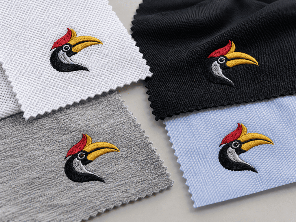 Embroidery stitch detail compared across cotton, polyester and poly-cotton shirt materials