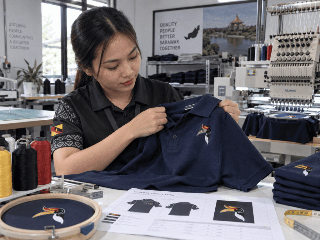 Production specialist checking an embroidered logo and company shirt specification