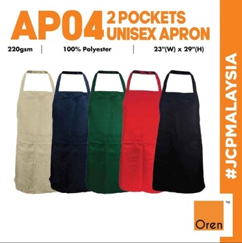 OREN SPORT 2 Pockets Premium Apron AP04 Unisex 220gsm Plain Thick Quality Front Pocket Polyester Apron Kitchen