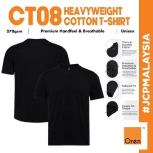 CT08 OREN SPORT Premium Heavyweight 270gsm Cotton T-Shirt Unisex Thick Durable Smart Wear Tshirt Baju Hitam Tebal