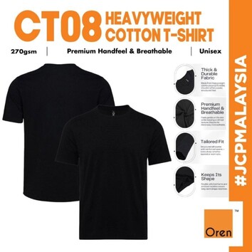 CT08 OREN SPORT Premium Heavyweight 270gsm Cotton T-Shirt Unisex Thick Durable Smart Wear Tshirt Baju Hitam Tebal