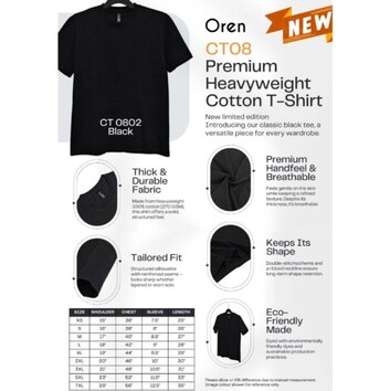 CT08 OREN SPORT Premium Heavyweight 270gsm Cotton T-Shirt Unisex Thick Durable Smart Wear Tshirt Baju Hitam Tebal - Image 2