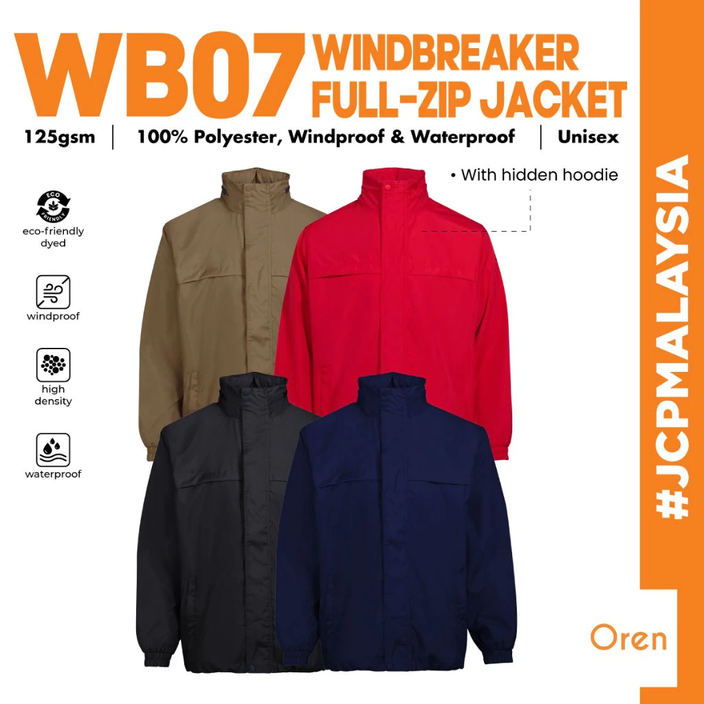 JCP x OREN SPORT Premium Windbreaker Full-Zip Hidden Hood Jacket Unisex 125gsm Polyester Windproof Waterproof WB07