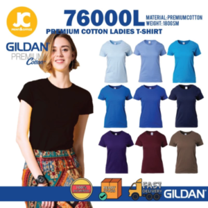 GILDAN World 76000L Premium Cotton Lady Plain Round Neck T-Shirt Ladies Tshirt Plain Baju Perempuan Short Sleeve