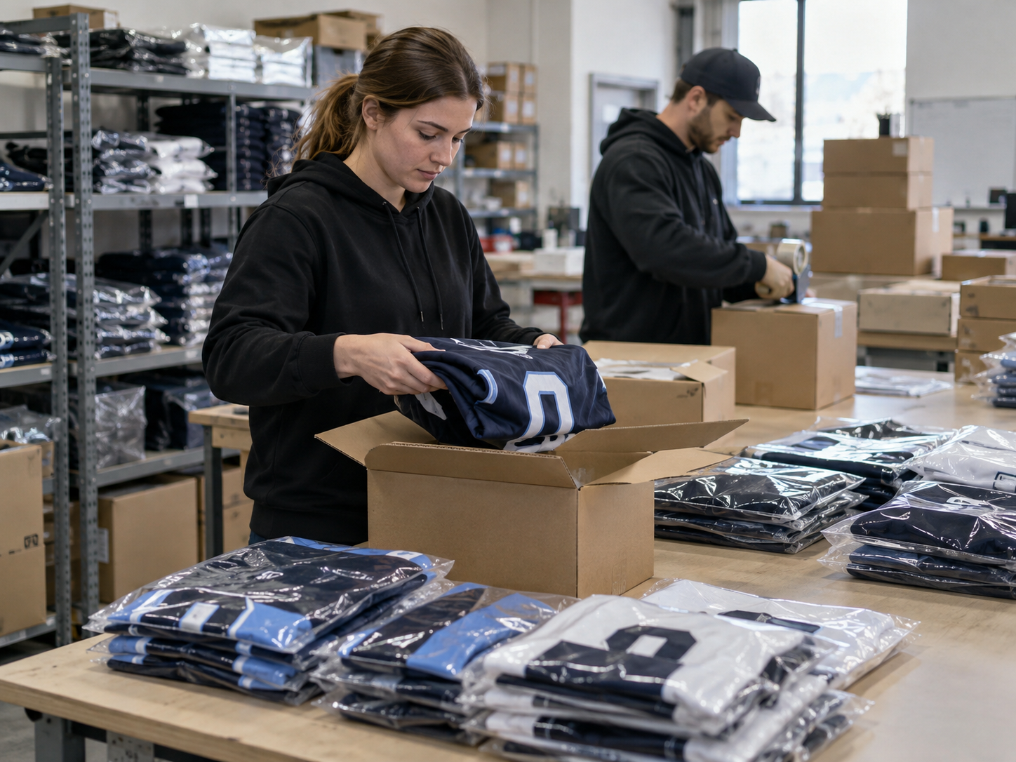 Finished apparel being checked and packed for delivery
