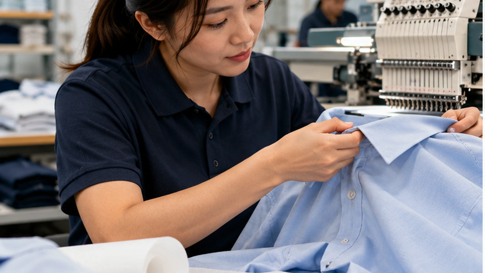 Embroidery technician inspecting a lightweight corporate shirt and stitched logo sample