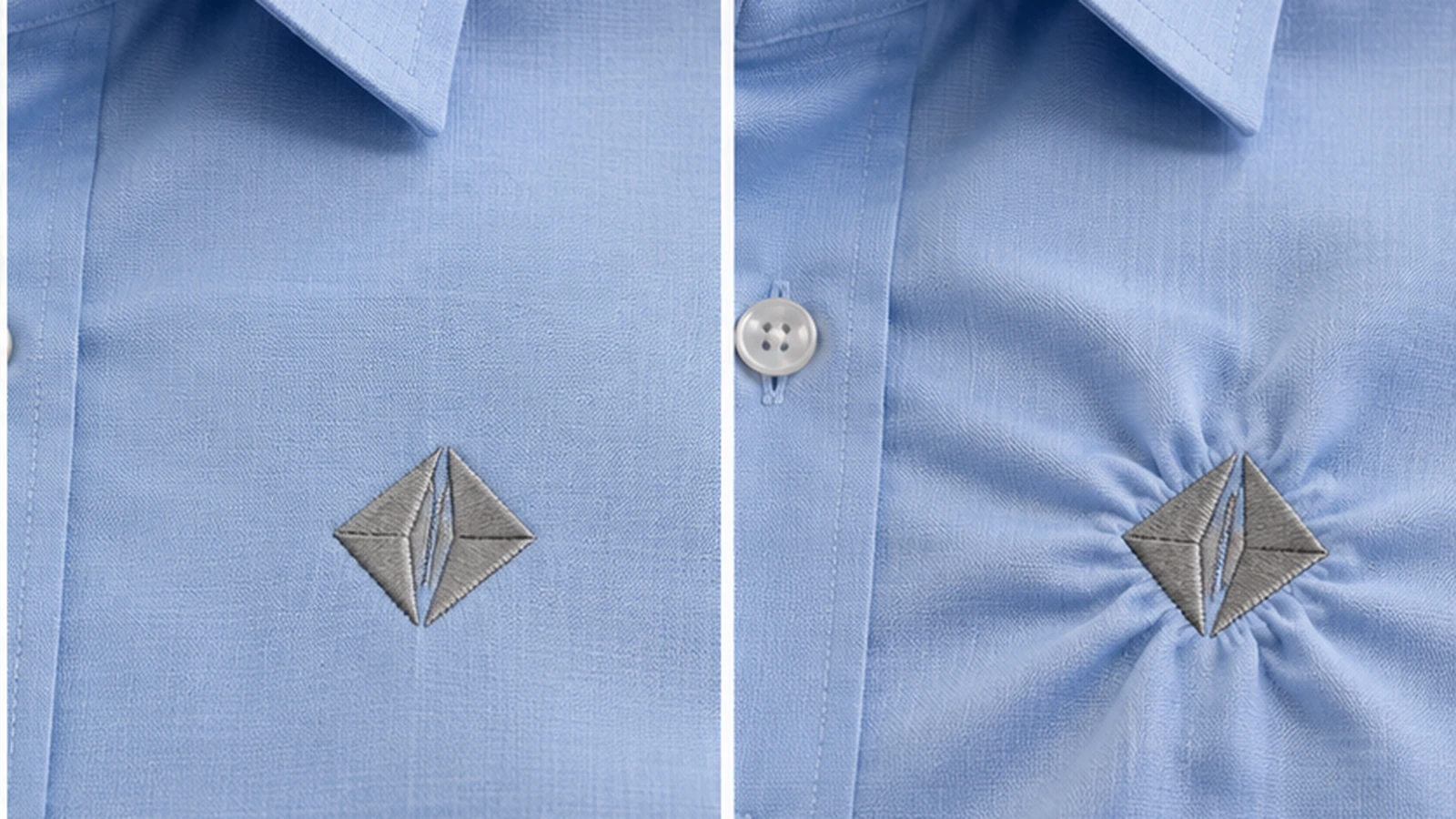 Close-up comparison of smooth and puckered embroidery on lightweight shirt fabric