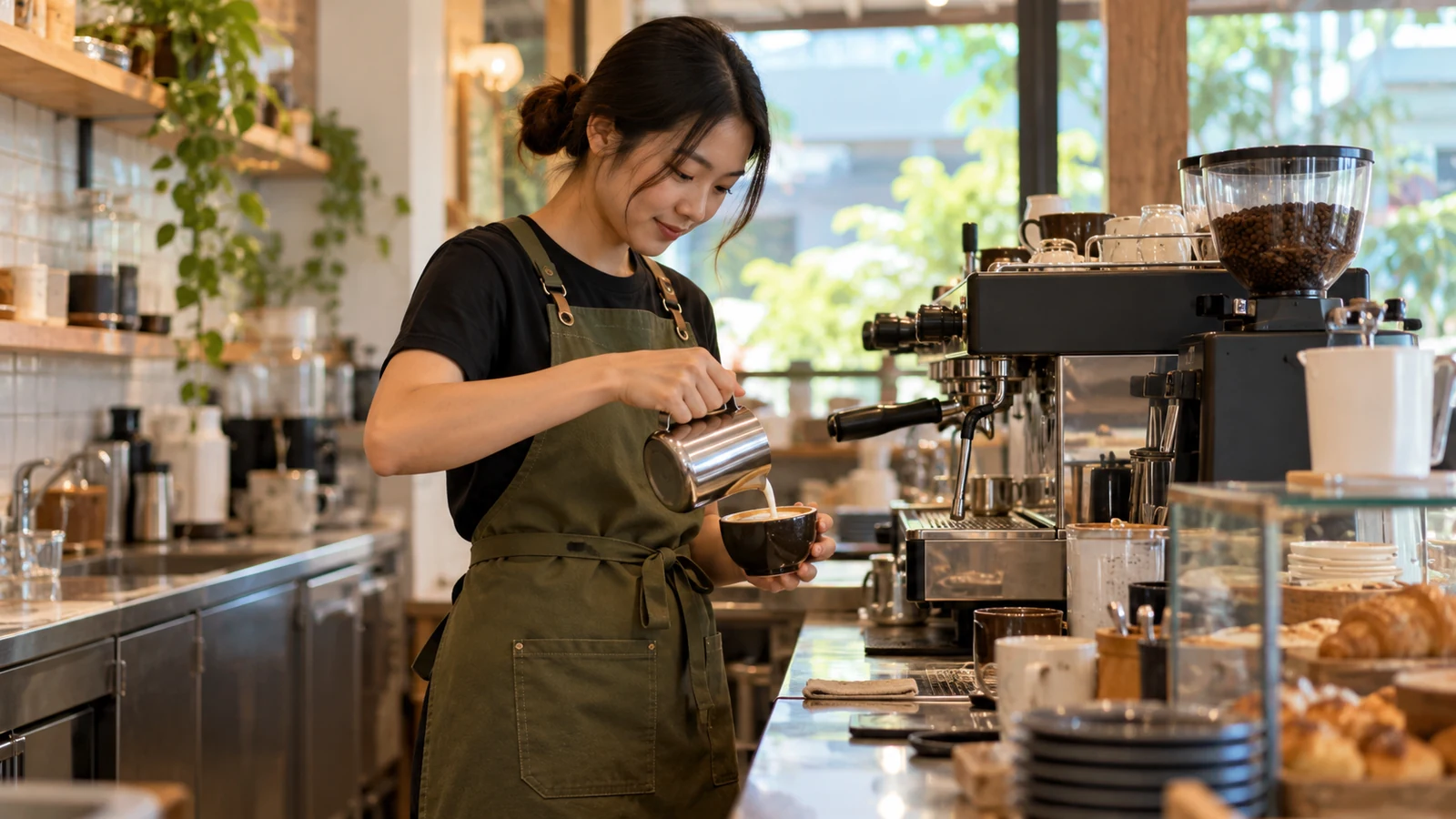 Barista wearing an olive apron while preparing a coffee in a cafe