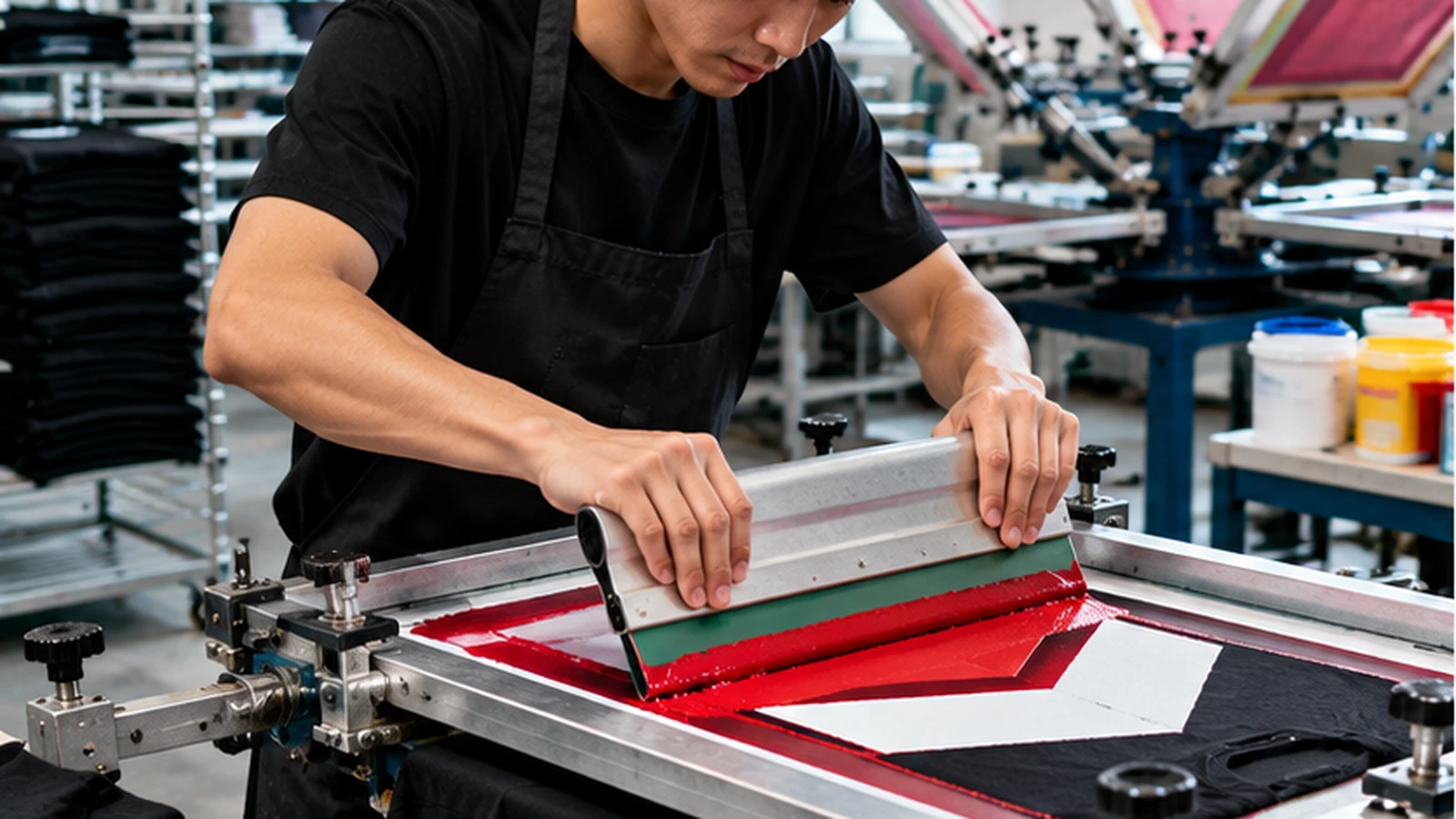 Screen printer applying coloured ink to a dark T-shirt in a production workshop