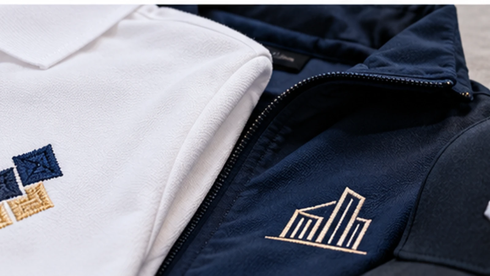 Embroidered polo, jacket and cap showing how garment structure changes logo placement