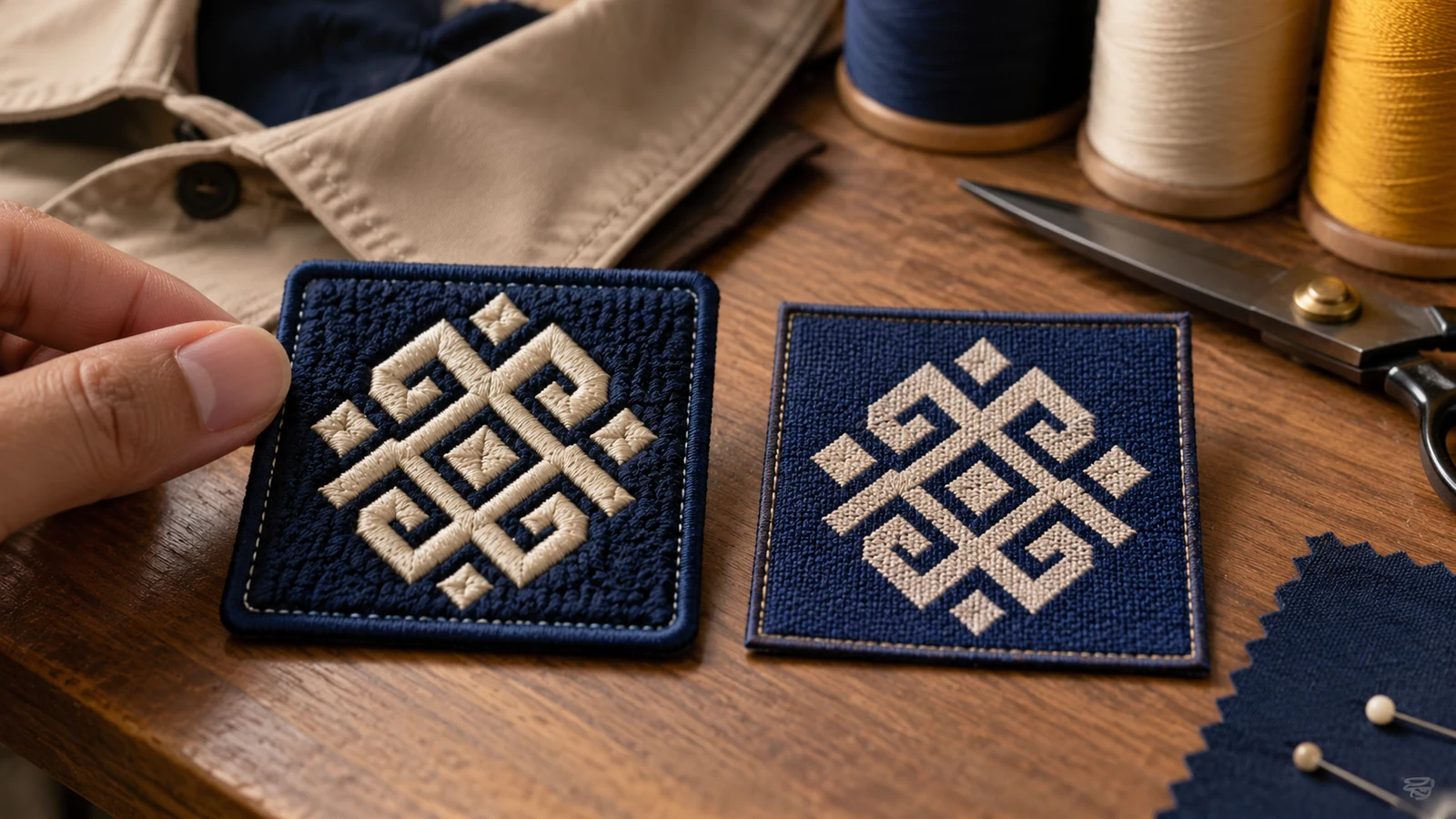 Embroidered and woven navy fabric patches compared side by side