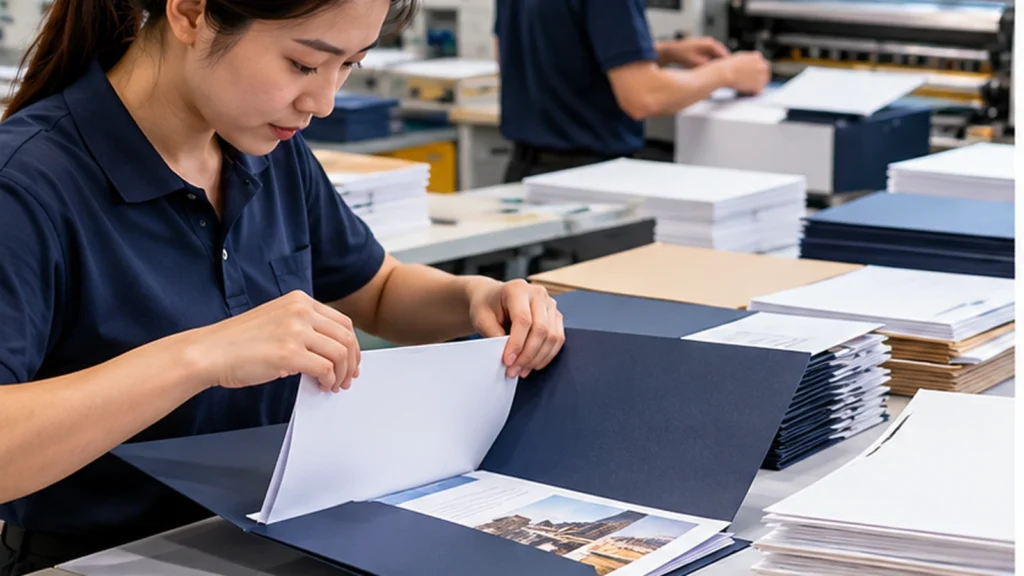 Print production staff assembling corporate presentation folders with document inserts