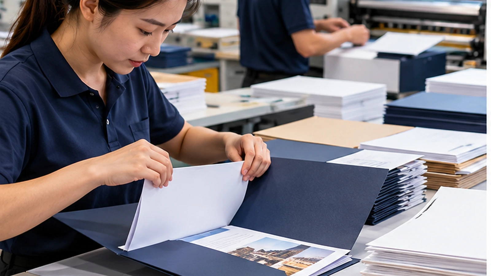 Print production staff assembling corporate presentation folders with document inserts