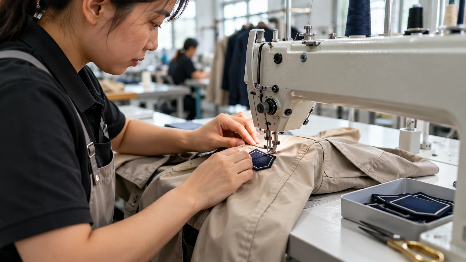 Garment machinist sewing a fabric patch onto a work jacket