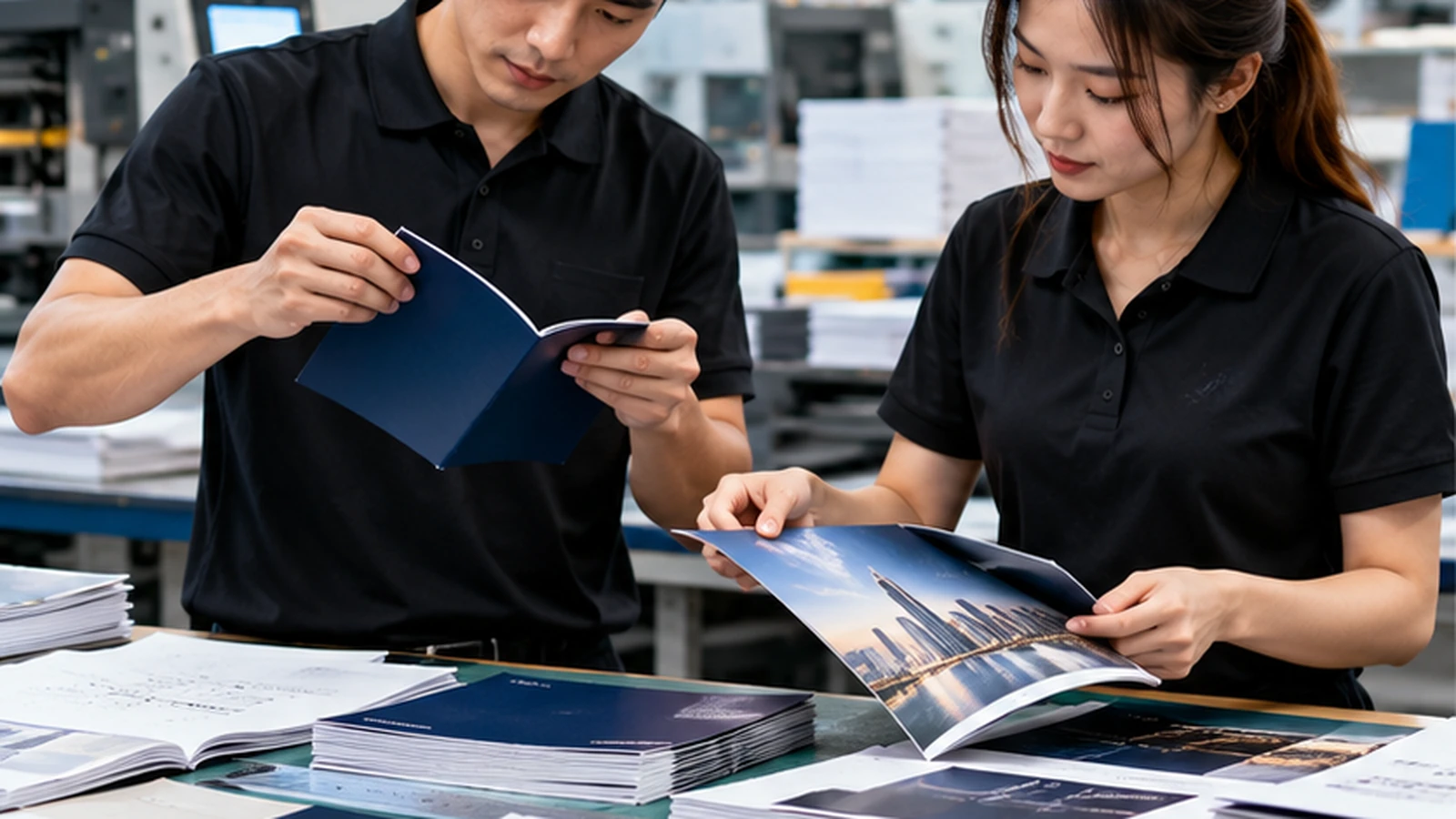 Print production staff checking folded brochure covers and finished printed samples