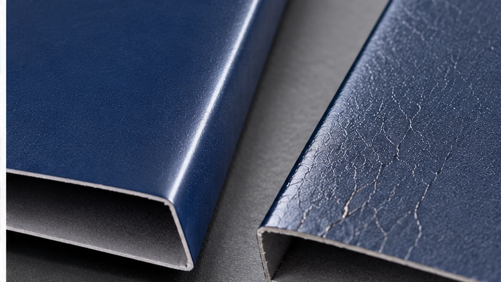 Close-up comparison of a clean creased fold and visible cracking on a dark printed cover