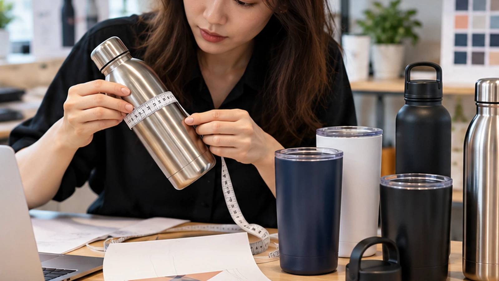 Designer measuring a stainless-steel bottle to plan a corporate logo print area