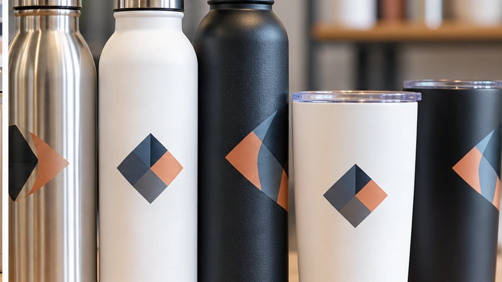 Bottles and tumblers with logo graphics positioned on curved drinkware surfaces