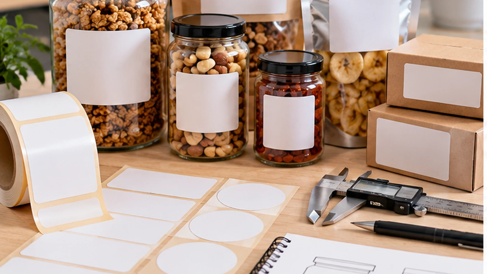 Blank food packages and label prototypes prepared for a Sarawak product range