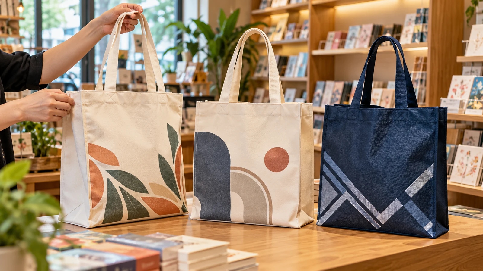 Reusable printed tote bags displayed in a lifestyle retail shop