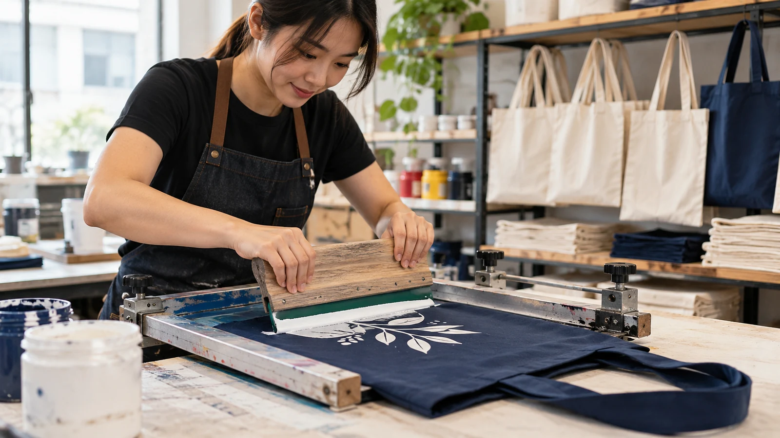 Textile worker screen printing a botanical design onto a tote bag