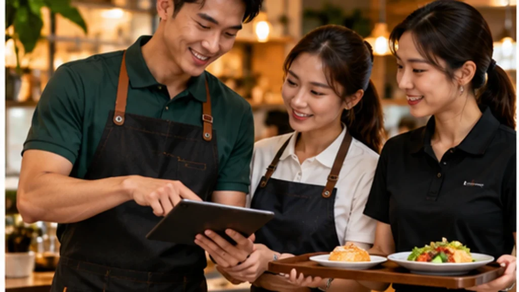 Cafe staff wearing work aprons while reviewing daily service tasks together