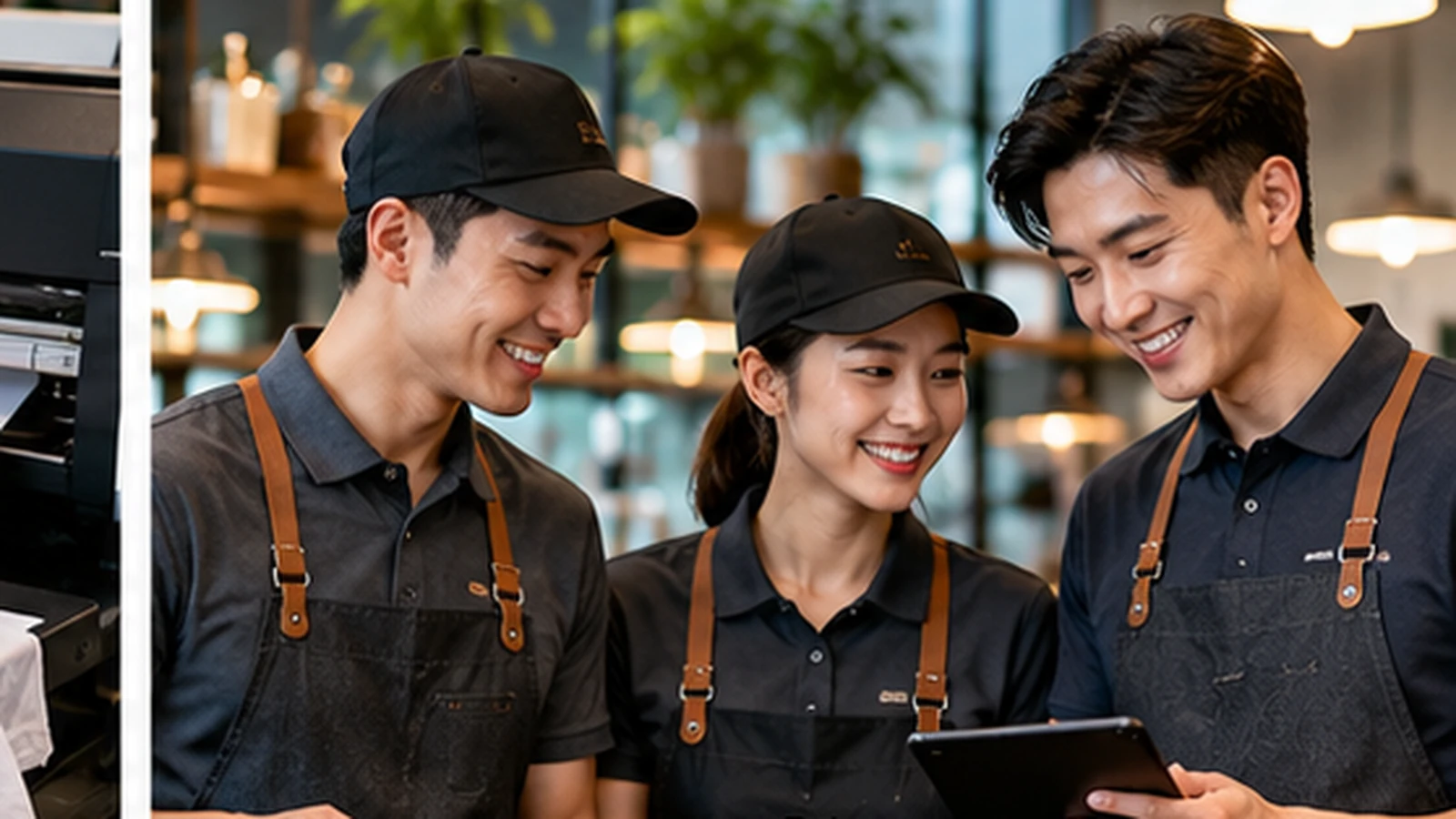 Hospitality staff in aprons showing different body sizes and working positions