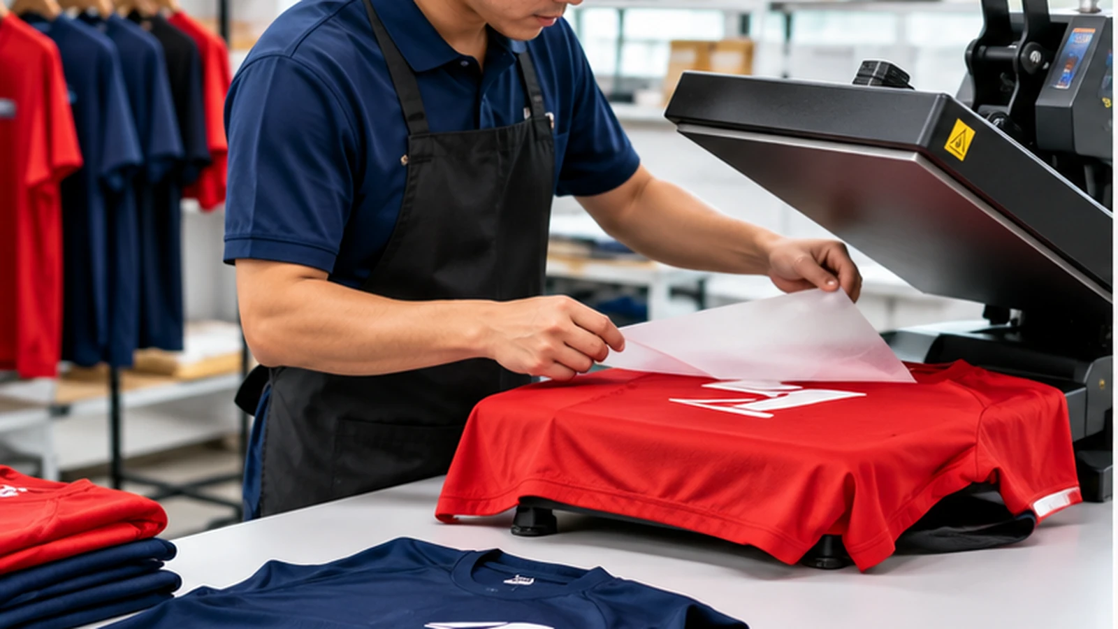 Heat-press operator applying a light-coloured transfer to a red polyester shirt