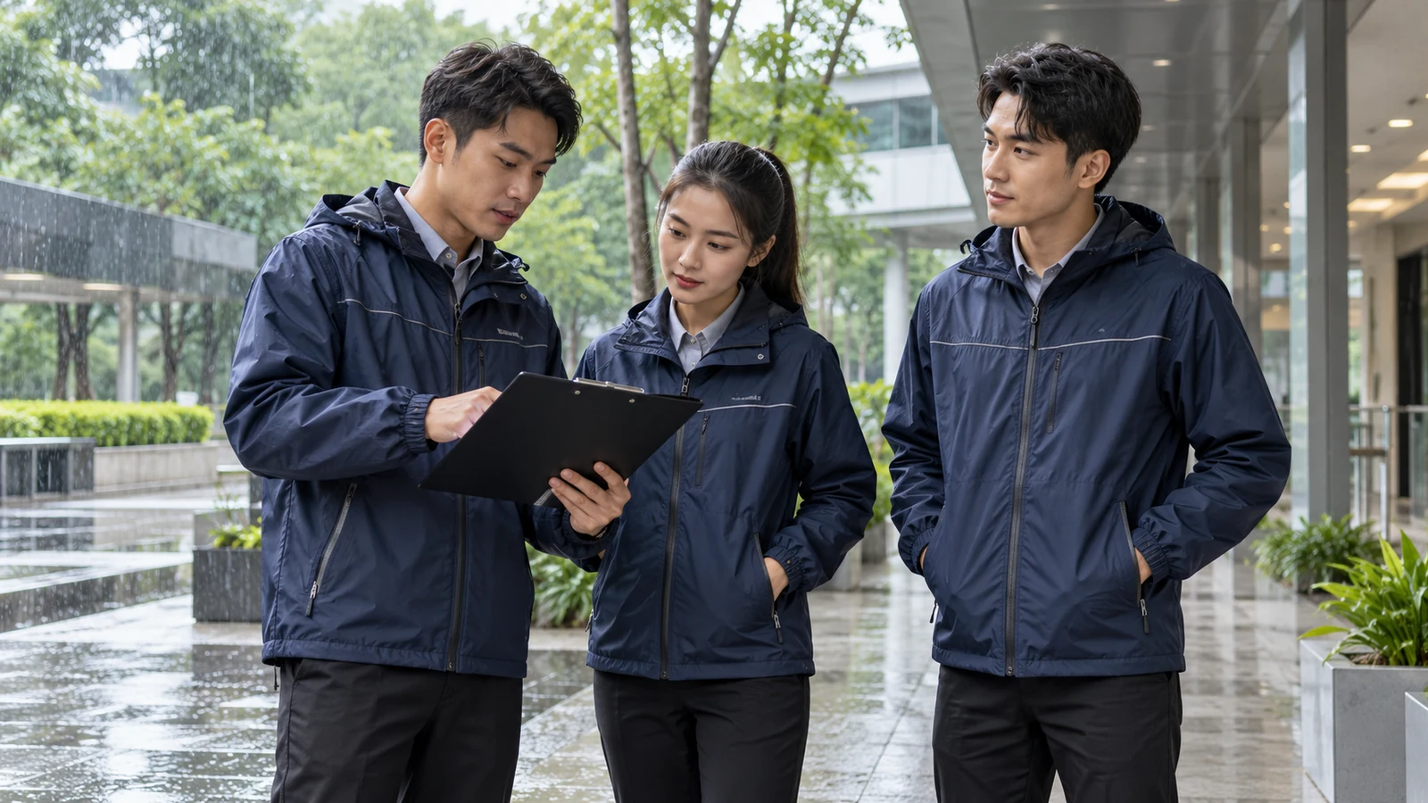 Team members wearing lightweight jackets during an outdoor workplace inspection in the rain