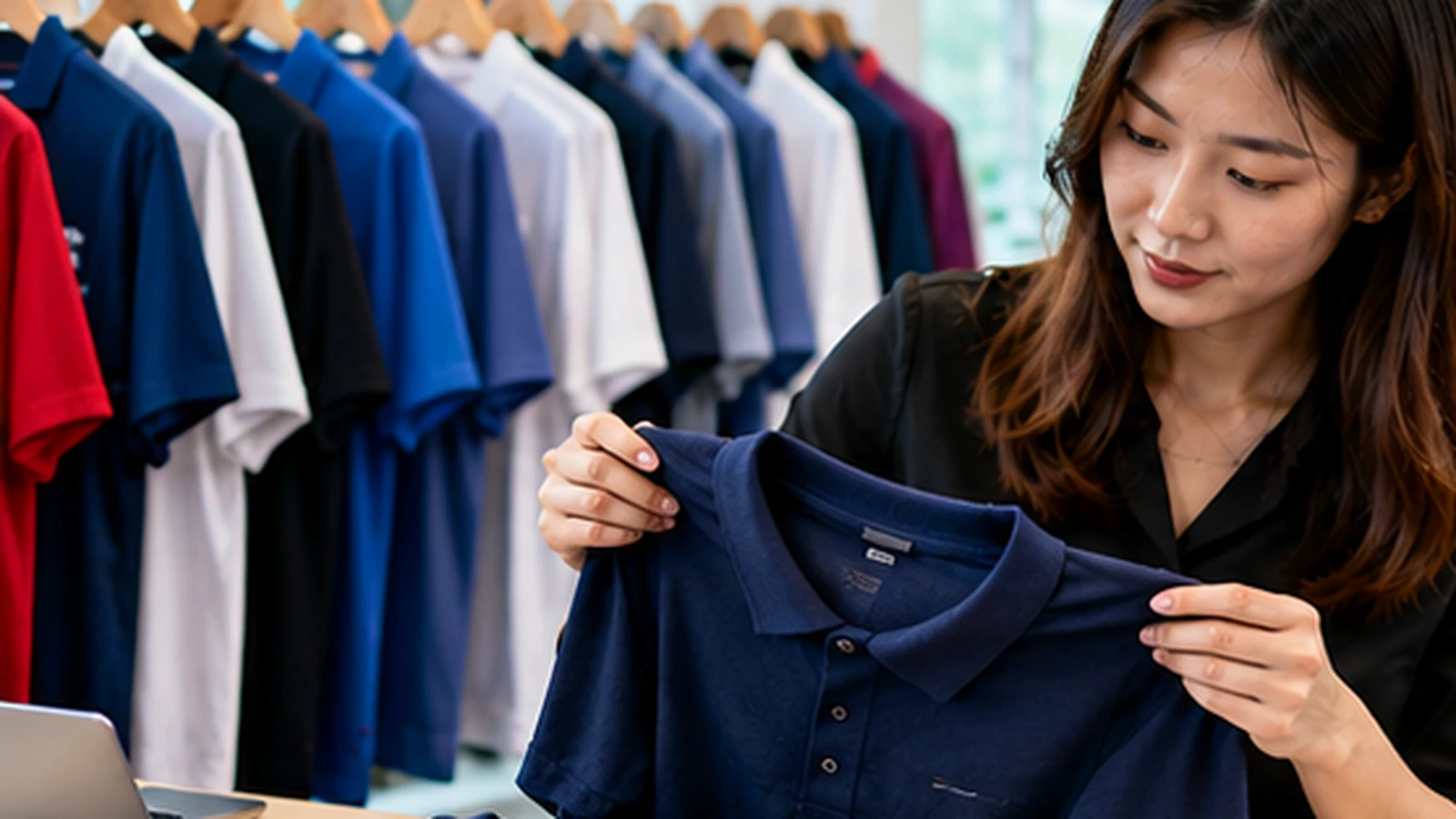 Uniform buyer inspecting polo fabric and collar construction before ordering