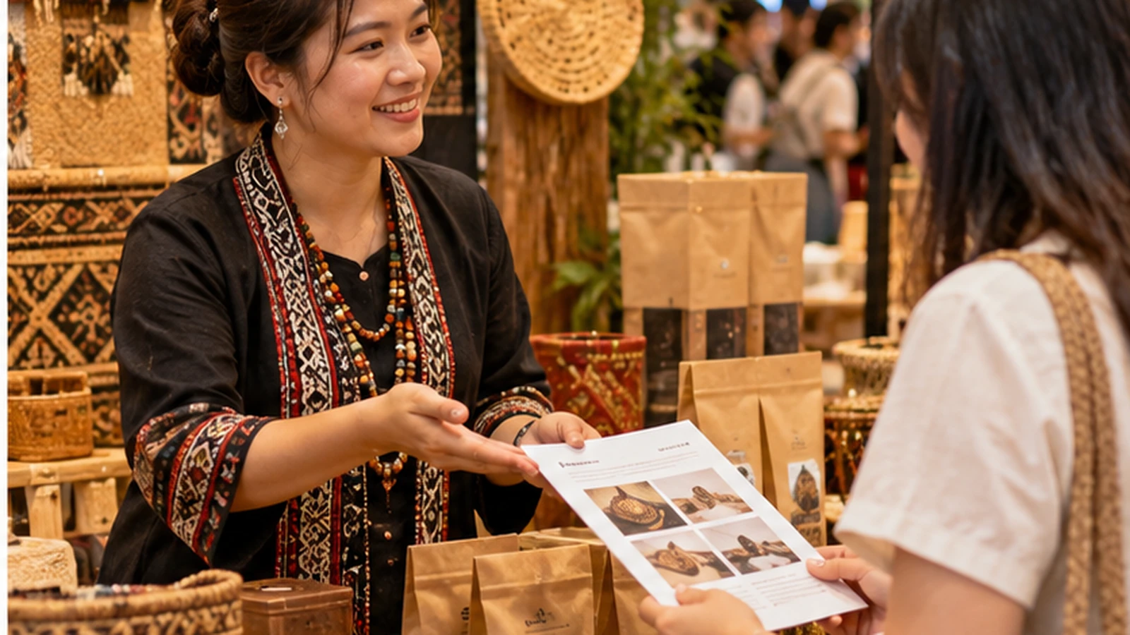 Sarawak craft seller sharing a one-page product sheet with a visitor