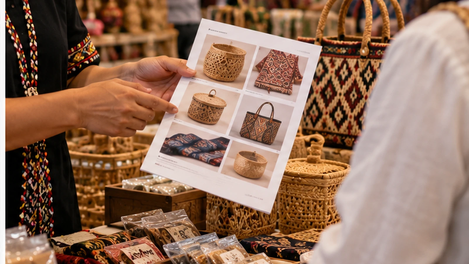 Craft product sheet being discussed beside woven and handmade goods at a market
