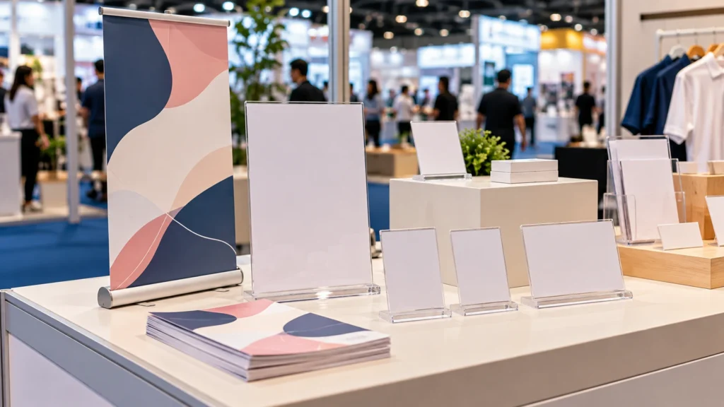 Modular event counter signage with replaceable cards at a public programme booth