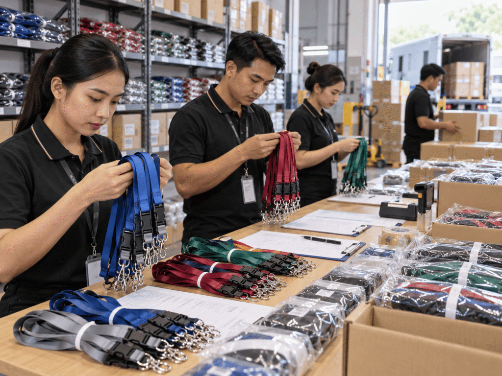 Quality checking and packing custom lanyards for delivery to Kuching
