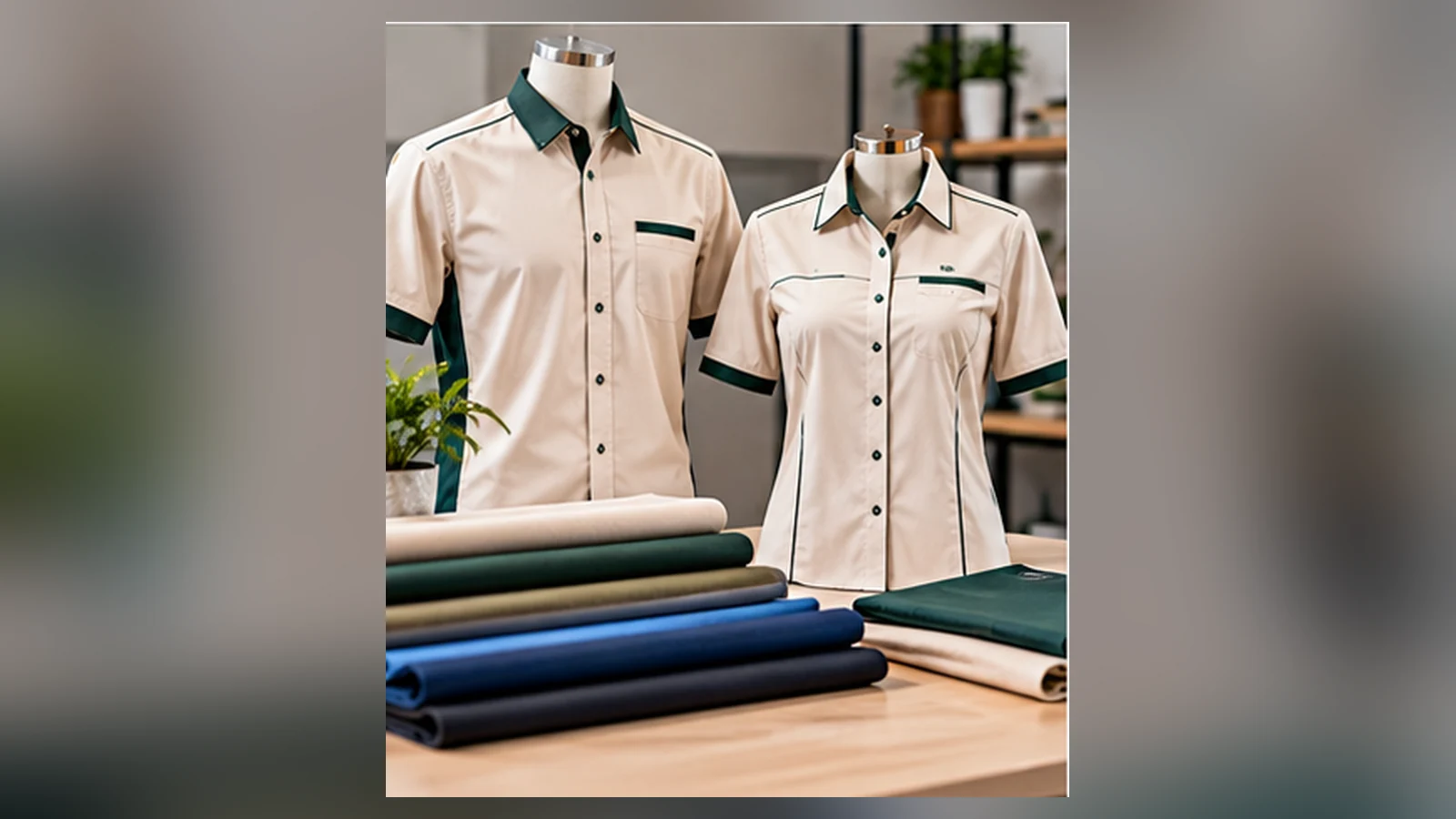 Coordinated beige and green corporate uniform shirts and fabric choices in a showroom