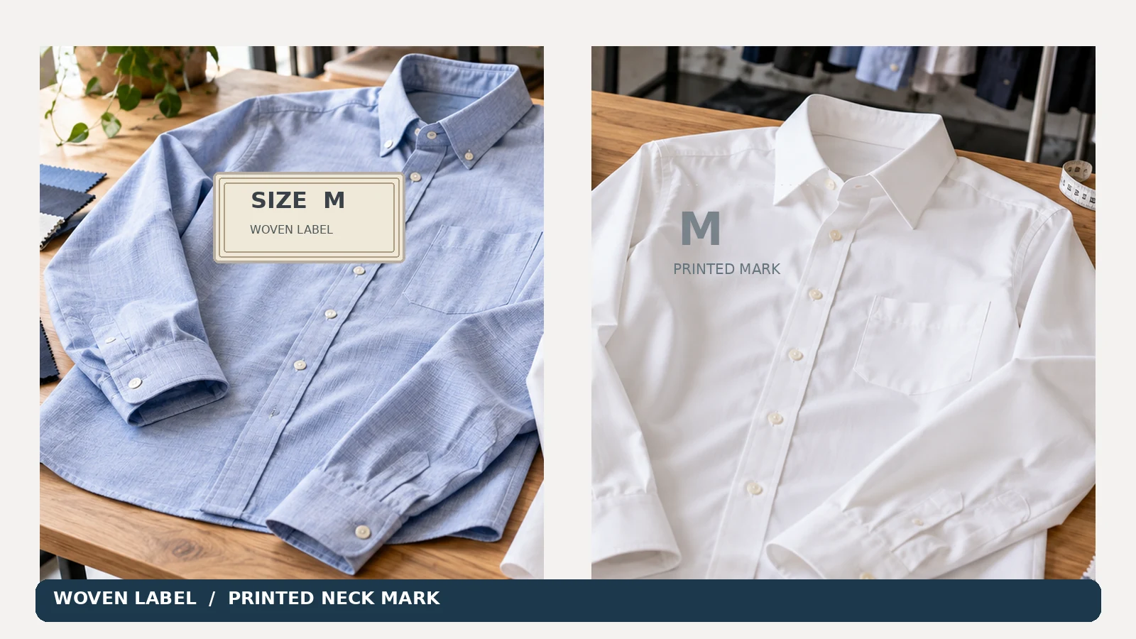 Compare neck prints, sewn woven tags and care labels when preparing custom merchandise or organisati