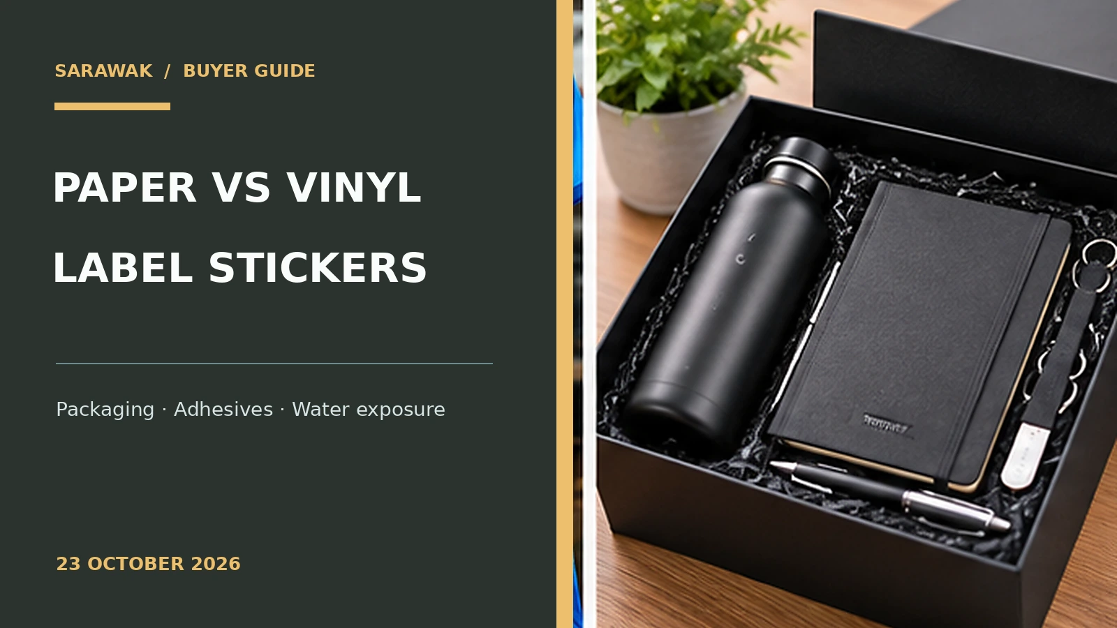 Corporate gift items and product packaging arranged on a branded table