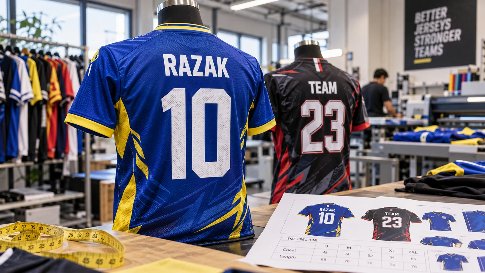 Blue and black sublimation jerseys with readable player names and numbers in a custom apparel workshop