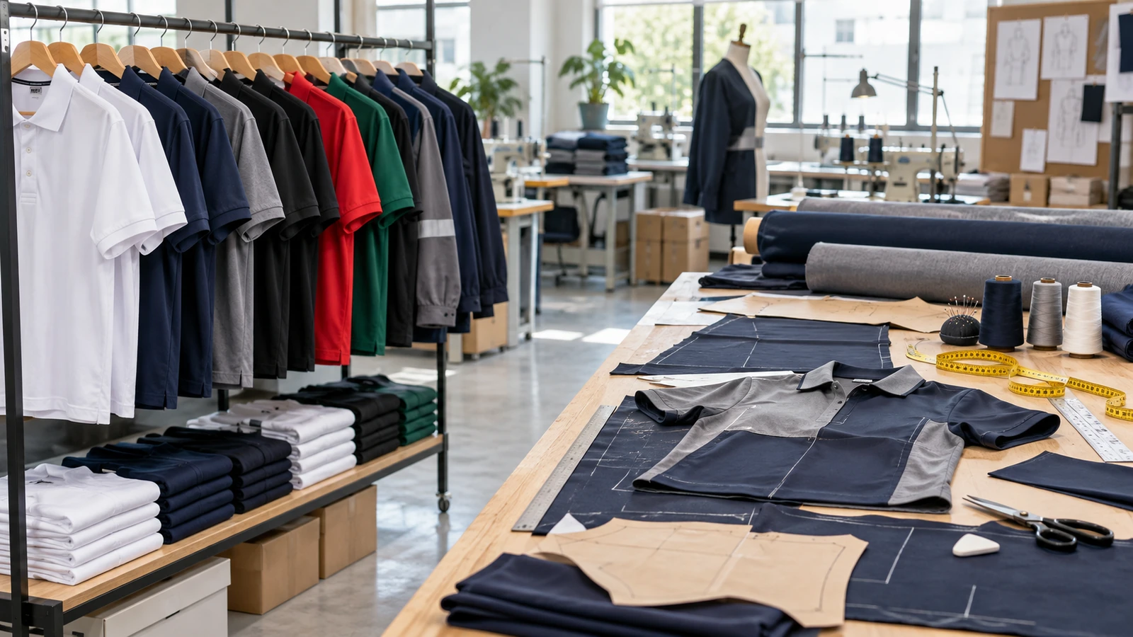Rows of ready-made uniform shirts beside cut-and-sew fabric pieces and pattern templates in a sewing workshop