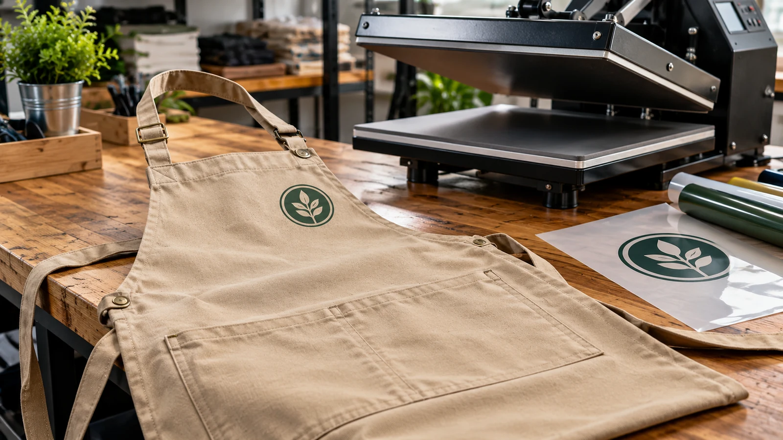 Khaki bib apron with green leaf mark laid beside a heat press and transfer sheet
