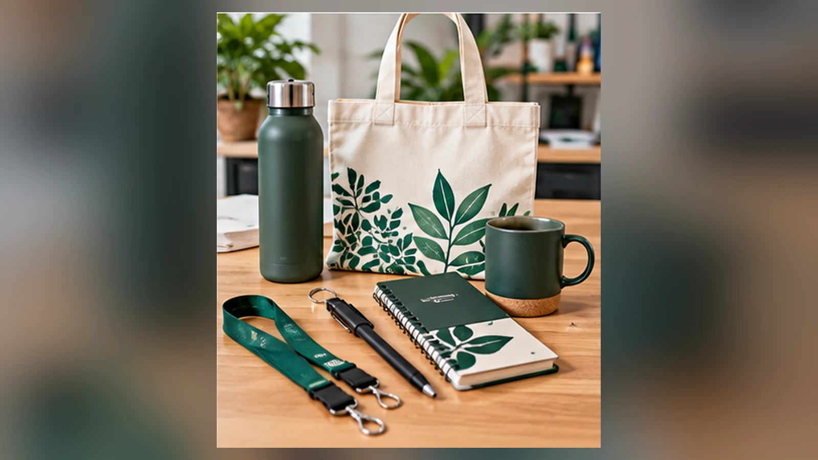 Reusable tote bag, bottle, cup, notebook and lanyard arranged in a welcome-kit display