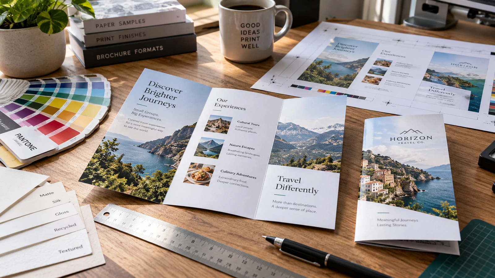 Printed tri-fold travel flyers with paper samples, folding proofs and a colour guide on a work table