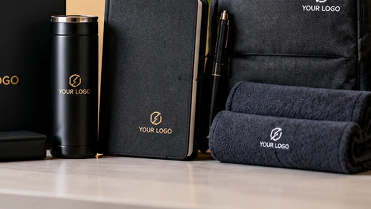 Curated branded drinkware and product packaging with crisp minimal custom decoration in a neutral studio