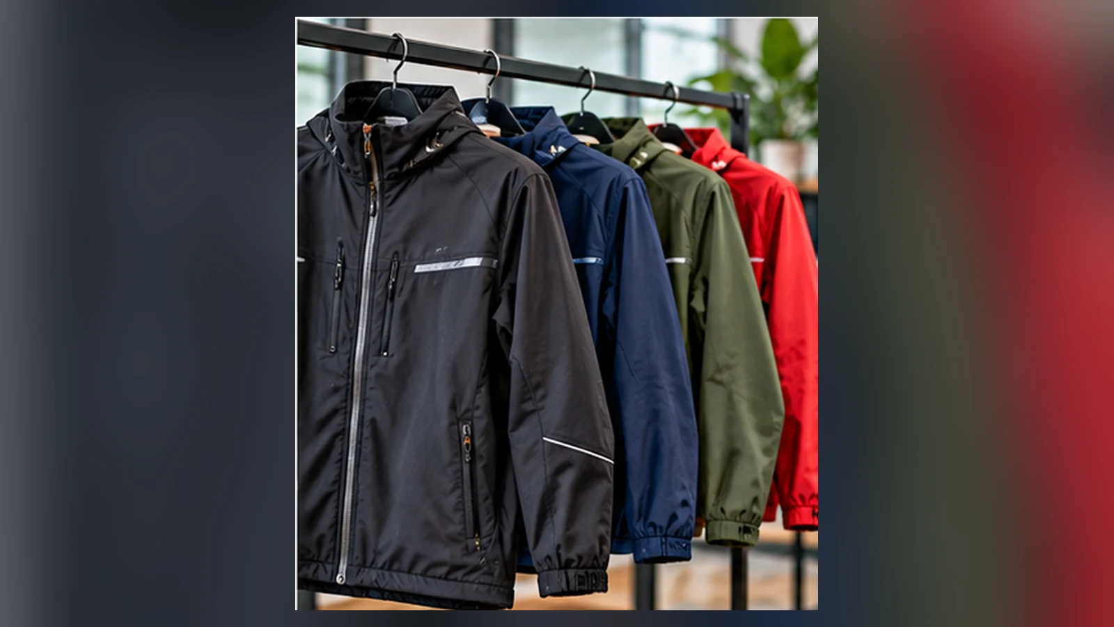 Several lightweight zip-front jackets arranged on a clothing rail