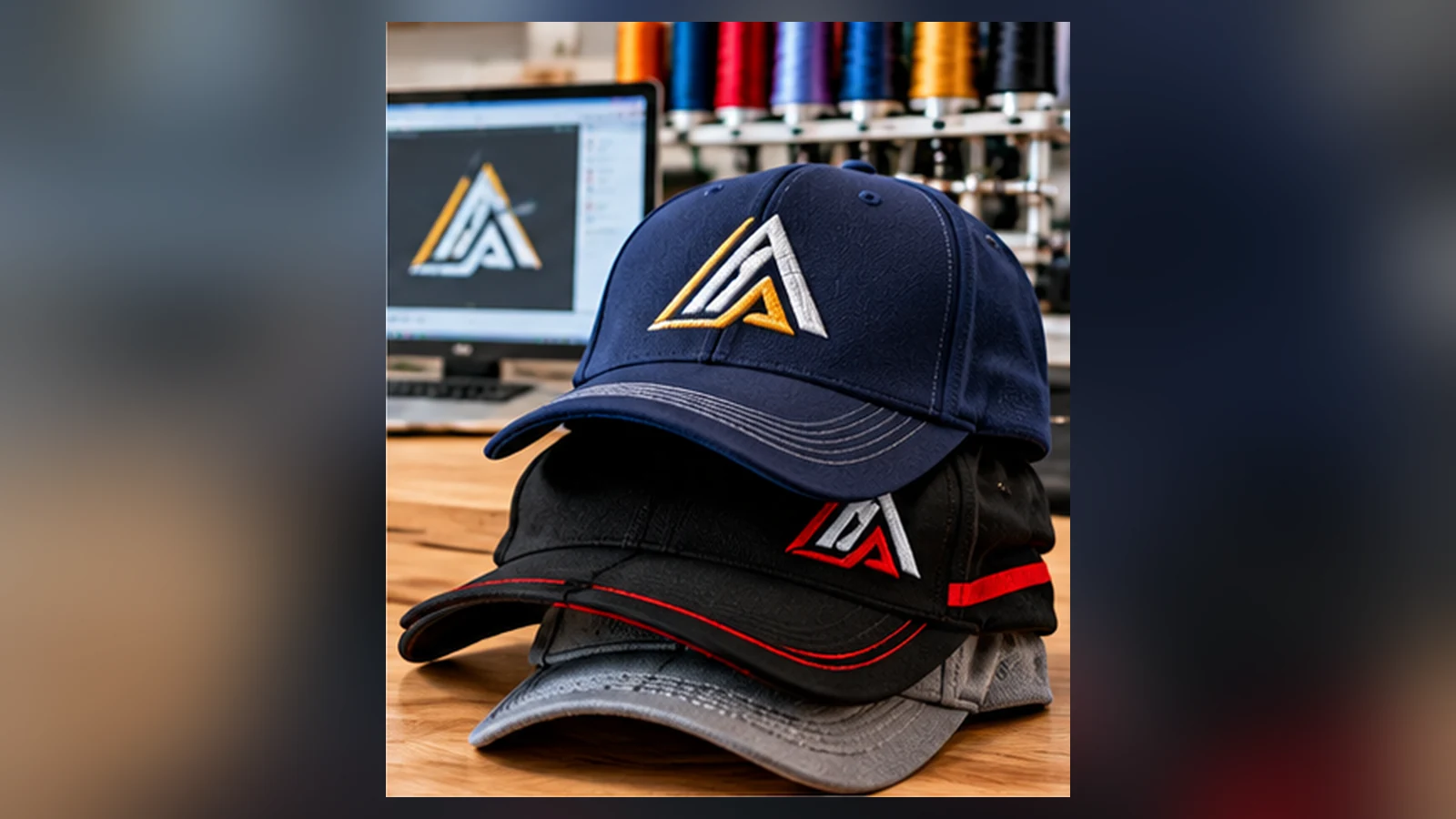 Structured navy and black branded caps with embroidered emblems on a worktable